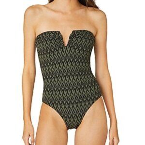 Shoshanna Shimmer U Wire One Piece Bandeau Swimsuit Size 6 Dark Green Black